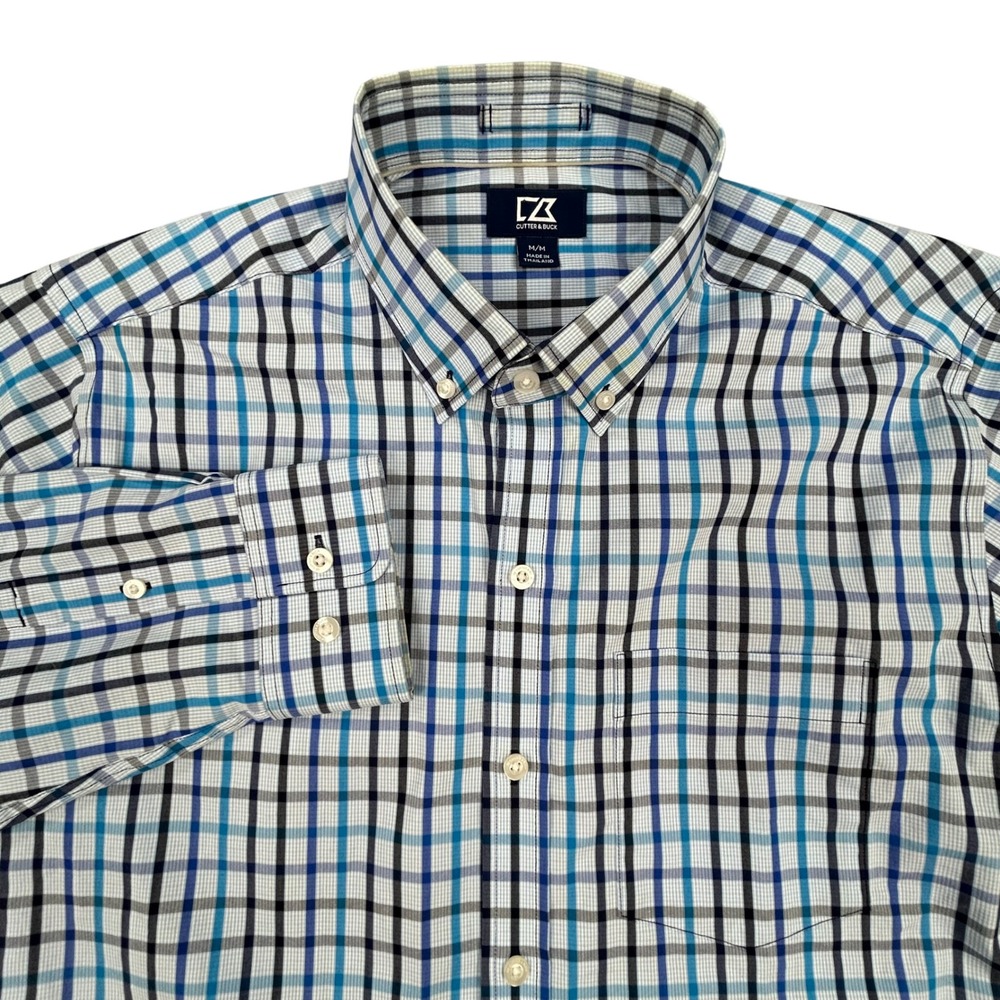 Cutter Buck Button Down Dress Shirt Mens M Blue Plaid Long Sleeve Classic Fit